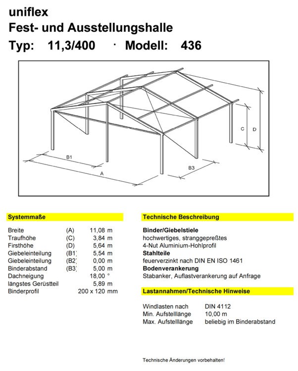 uniflex Fest- und Ausstellungshalle - Typ: 11,3/400 - Modell: 436